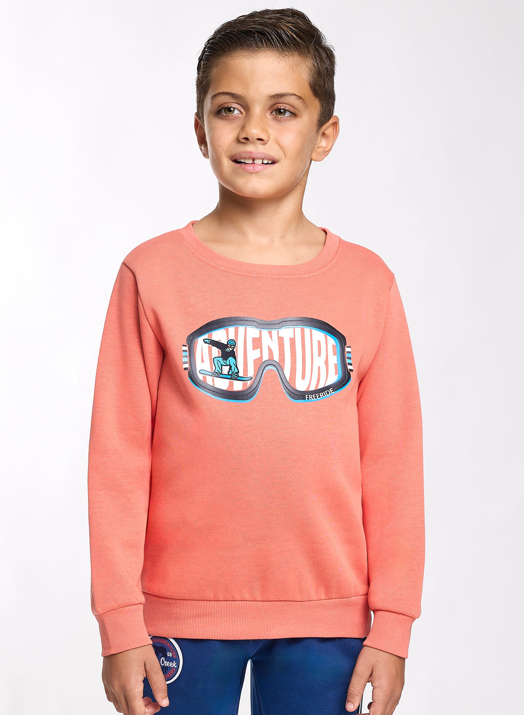 Victor And Jane Cotton Adventure Graphic Full Sleeves Sweatshirt & Joggers Set - Coral & Navy Blue