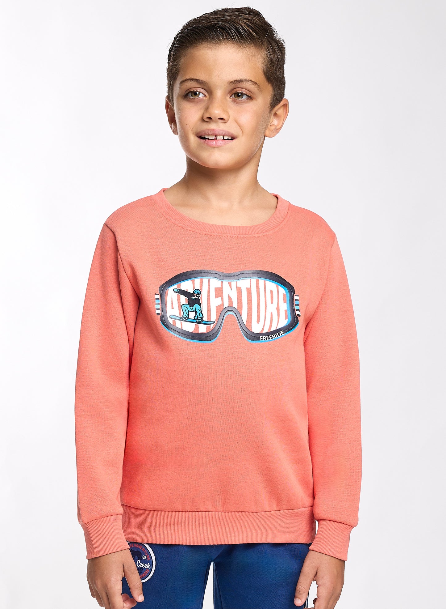 Boys’ Warm Fleece Sweatshirt & Jogger Set – “Adventure” Graphic | Coral & Navy