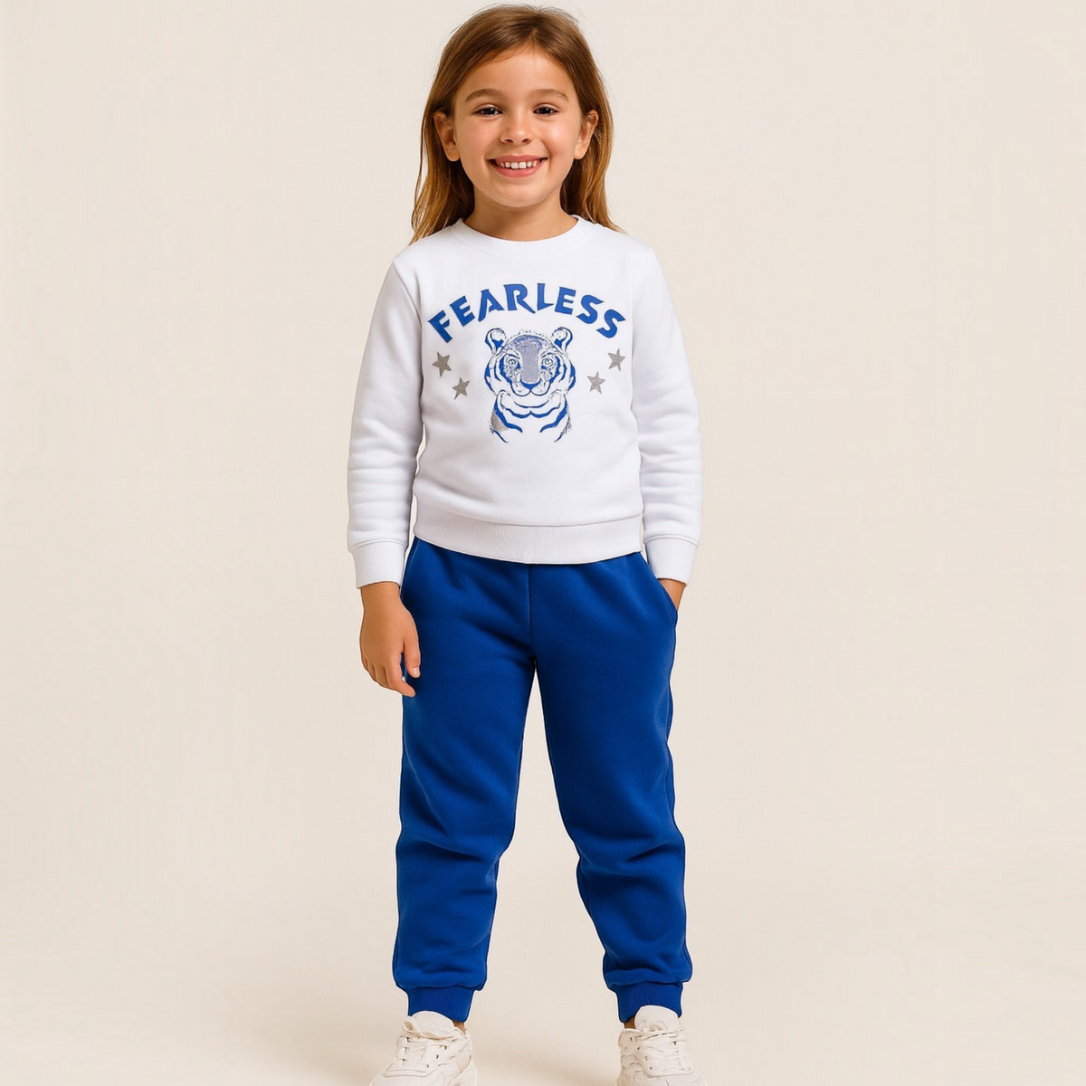 victor and jane white cotton sweatshirt with blue tiger graphic and text worn by a smiling young girl