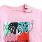 victor and jane pink graphic sweatshirt with glittery meow text and snap button shoulder closure