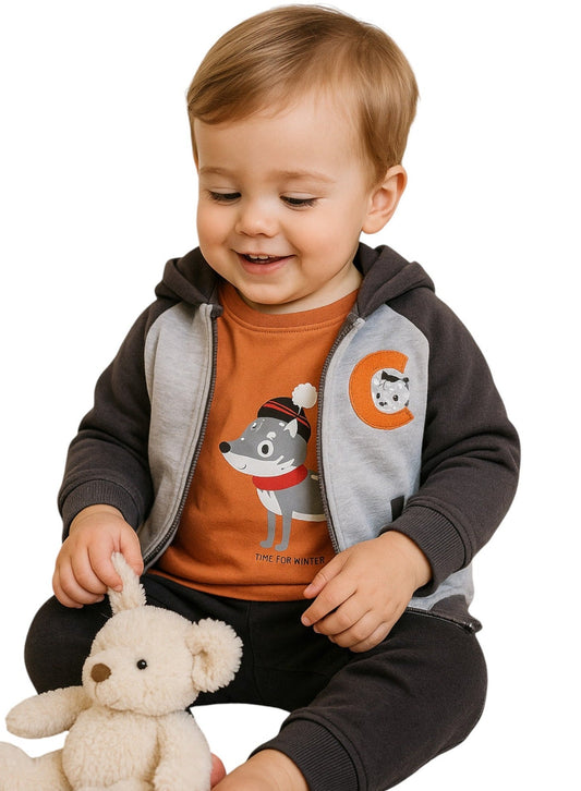 Infant Boys “Time for Winter” 3-Piece CVC Fleece Set – Orange & Navy
