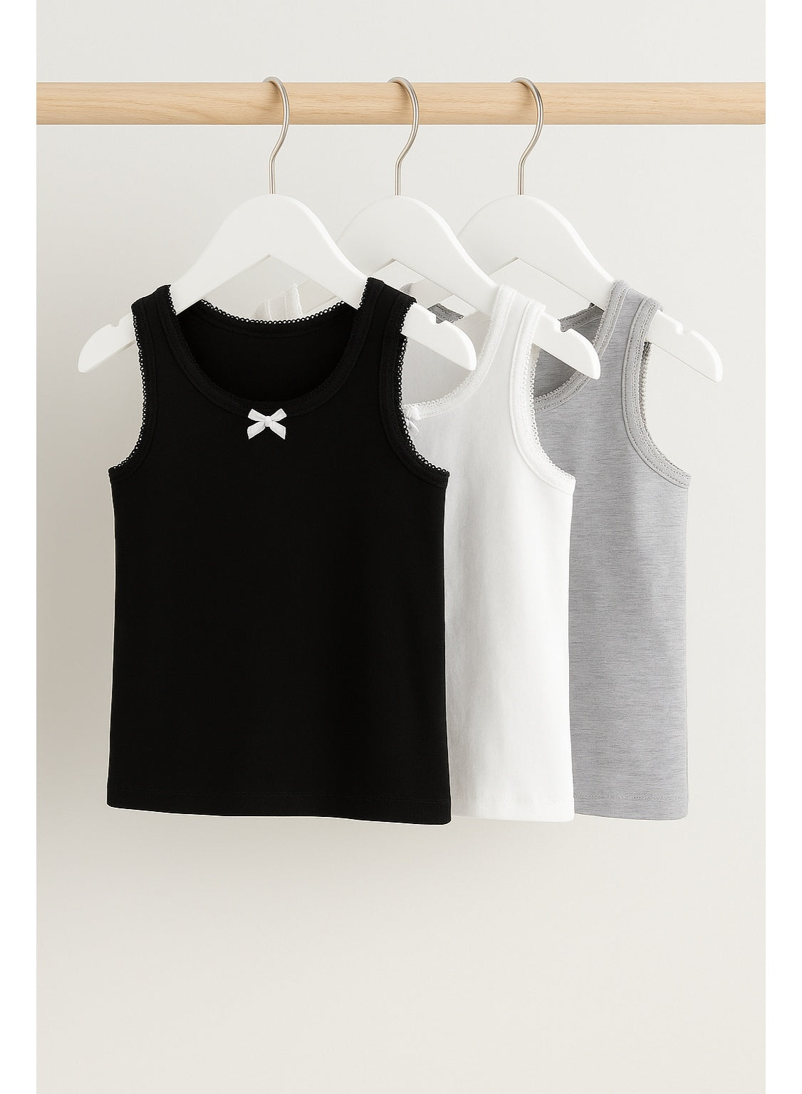 3-Pack Girls' Cotton Vests – Neutral Basics in Black, White & Grey