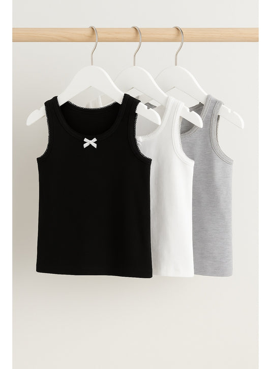 3-Pack Girls' Cotton Vests – Neutral Basics in Black, White & Grey