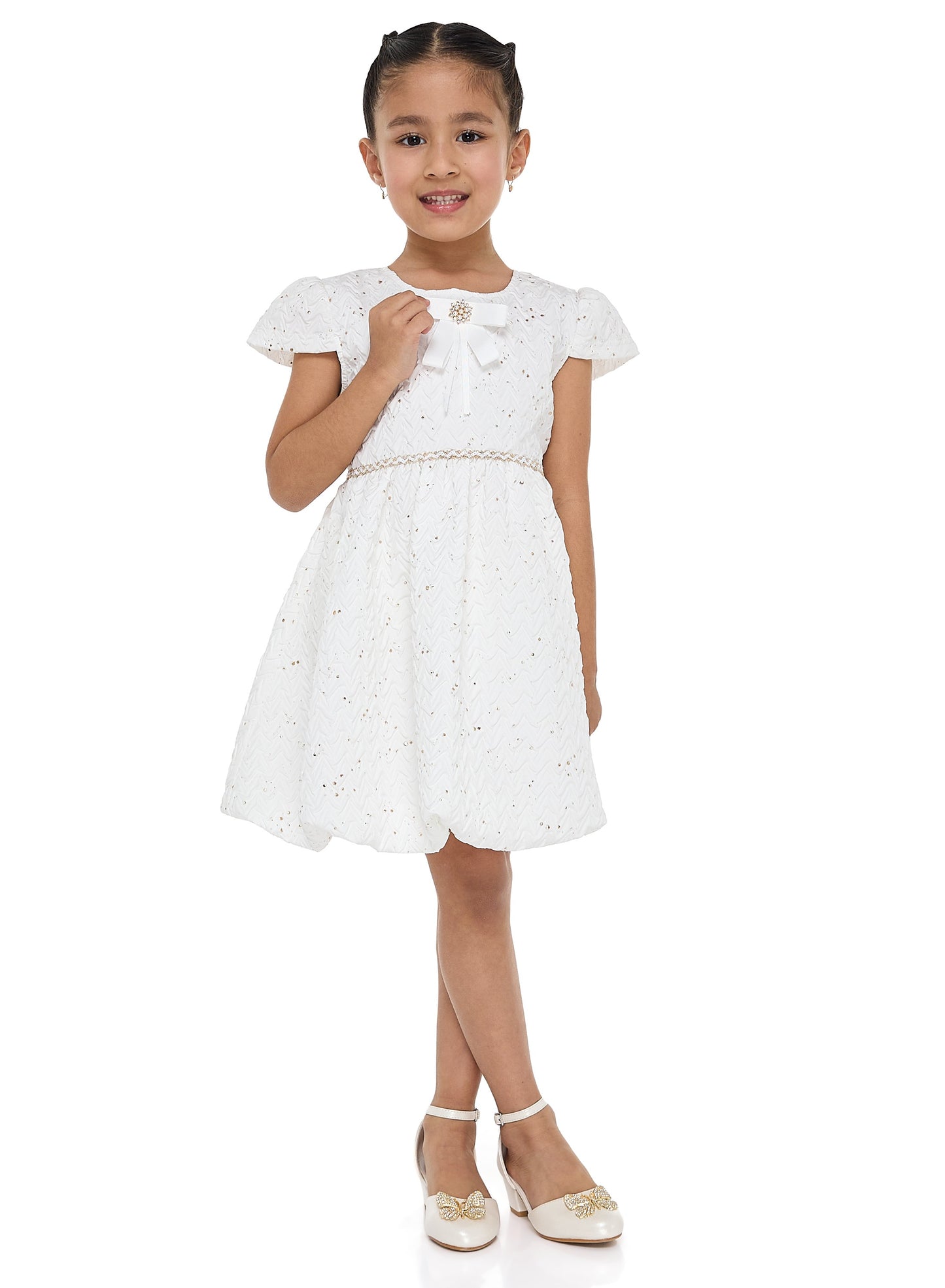 Ivory/Gold Bow Jacquard Dress