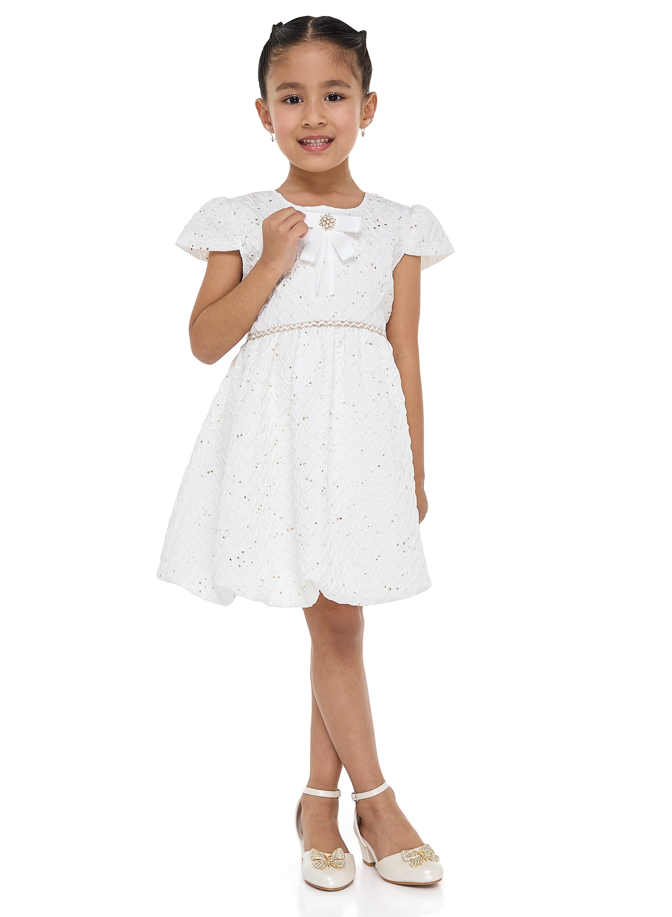 Ivory/Gold Bow Jacquard Dress
