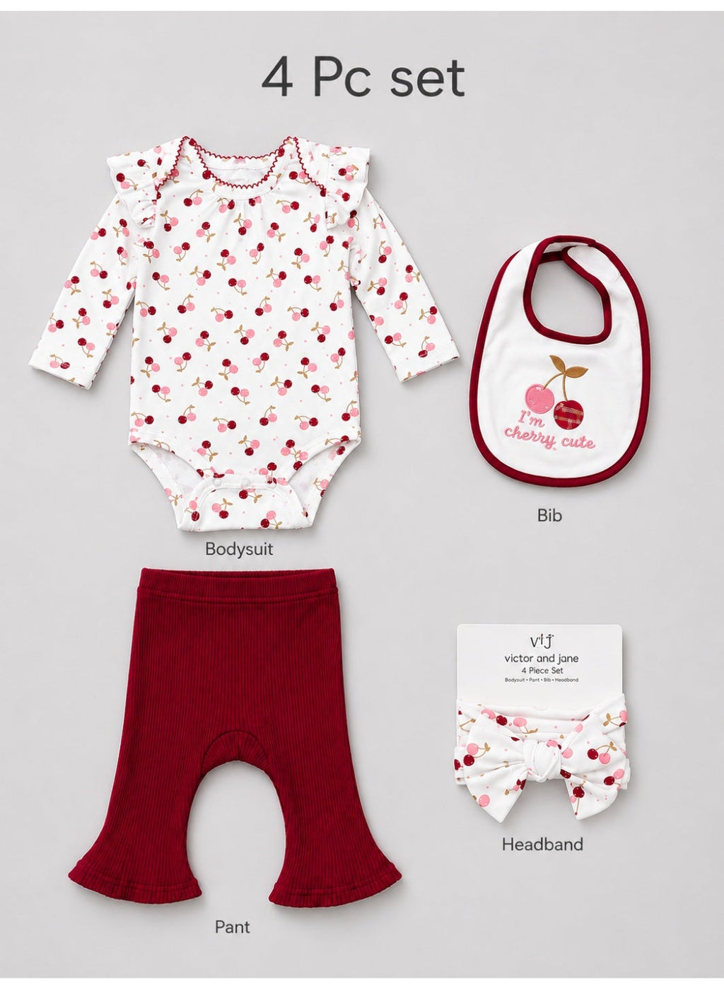 Baby Girls Cherry Print Bodysuit, Pants and Bib Set with Headband (4-Piece)