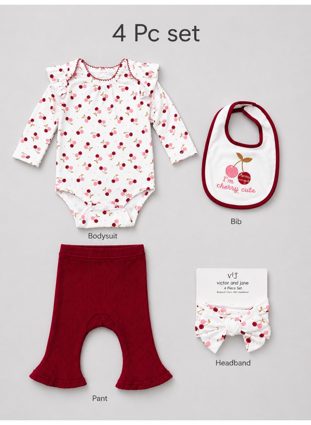 Baby Girls Cherry Print Bodysuit, Pants and Bib Set with Headband (4-Piece)
