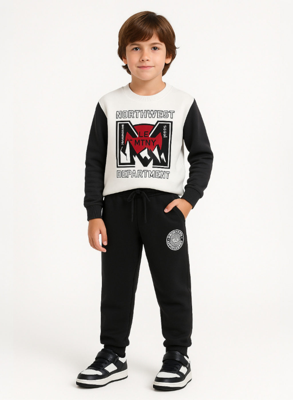 Victor And Jane Cotton Northwest Department Printed Full Sleeves Sweatshirt And Joggers Set - Black/White