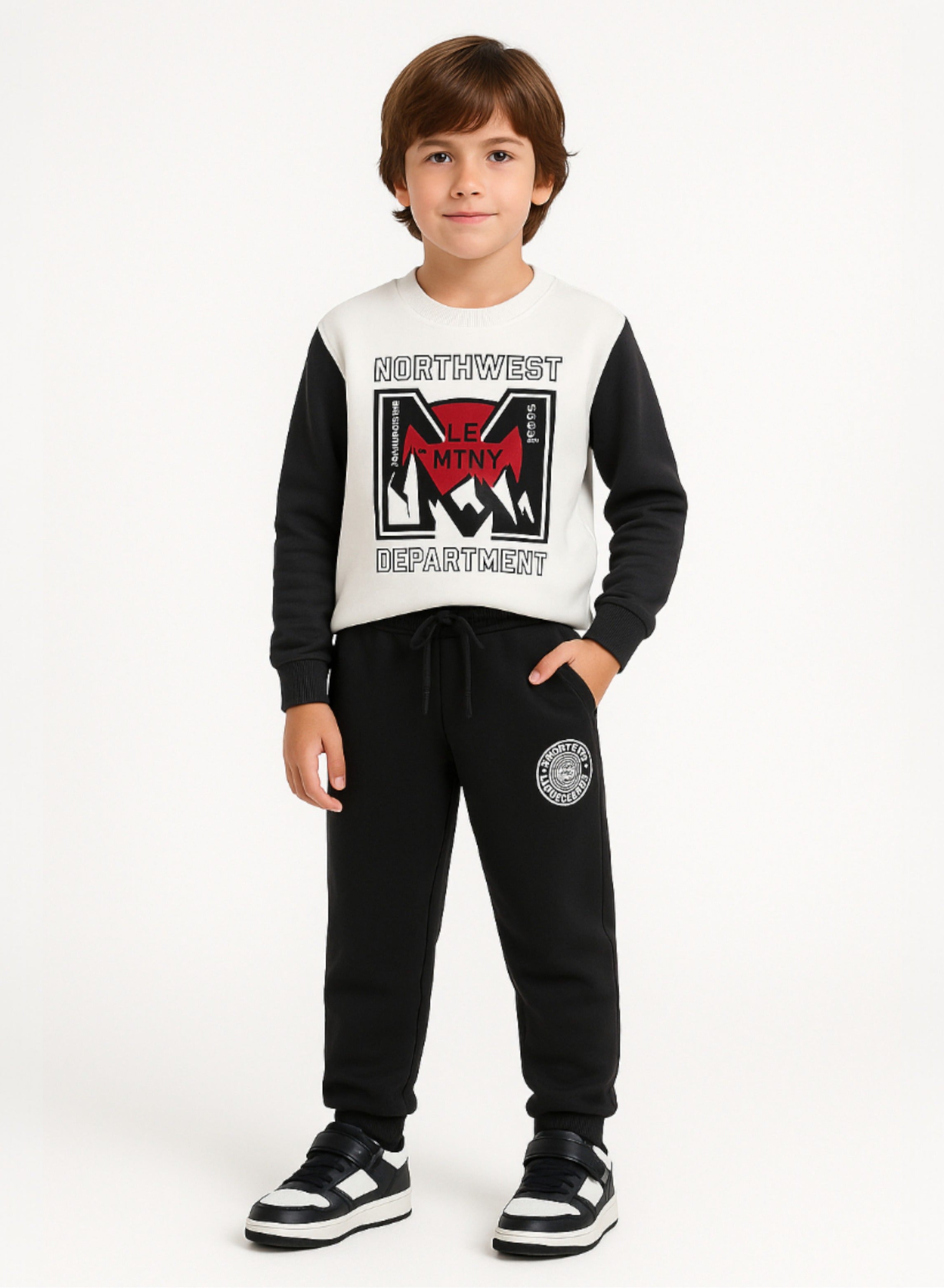 Victor And Jane Cotton Northwest Department Printed Full Sleeves Sweatshirt And Joggers Set - Black/White