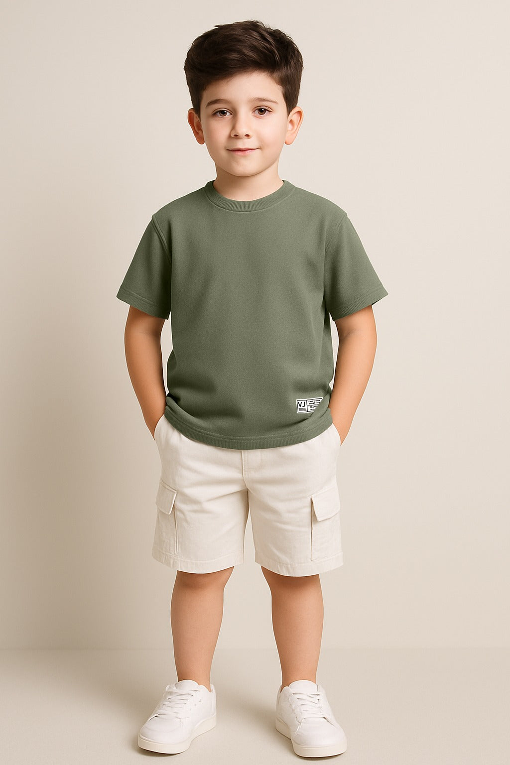 Junior Boys Textured Cotton T-Shirt - Olive Green