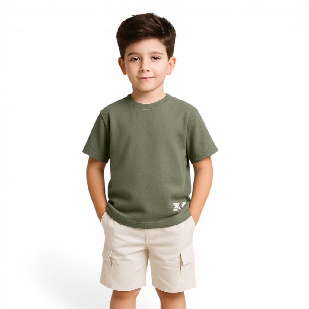 Junior Boys Textured Cotton T-Shirt - Olive Green