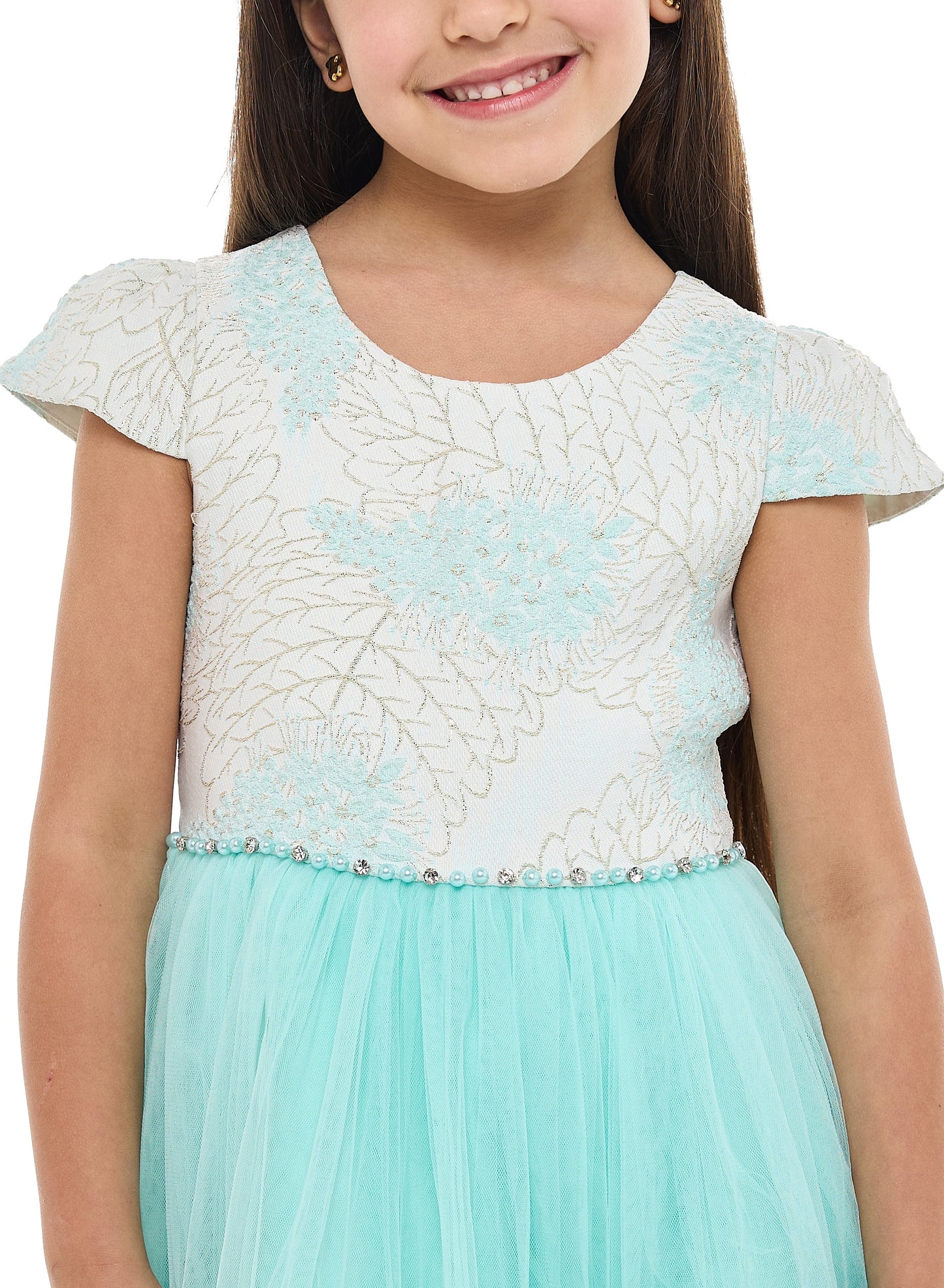Girls Mint Jacquard & Tulle Dress