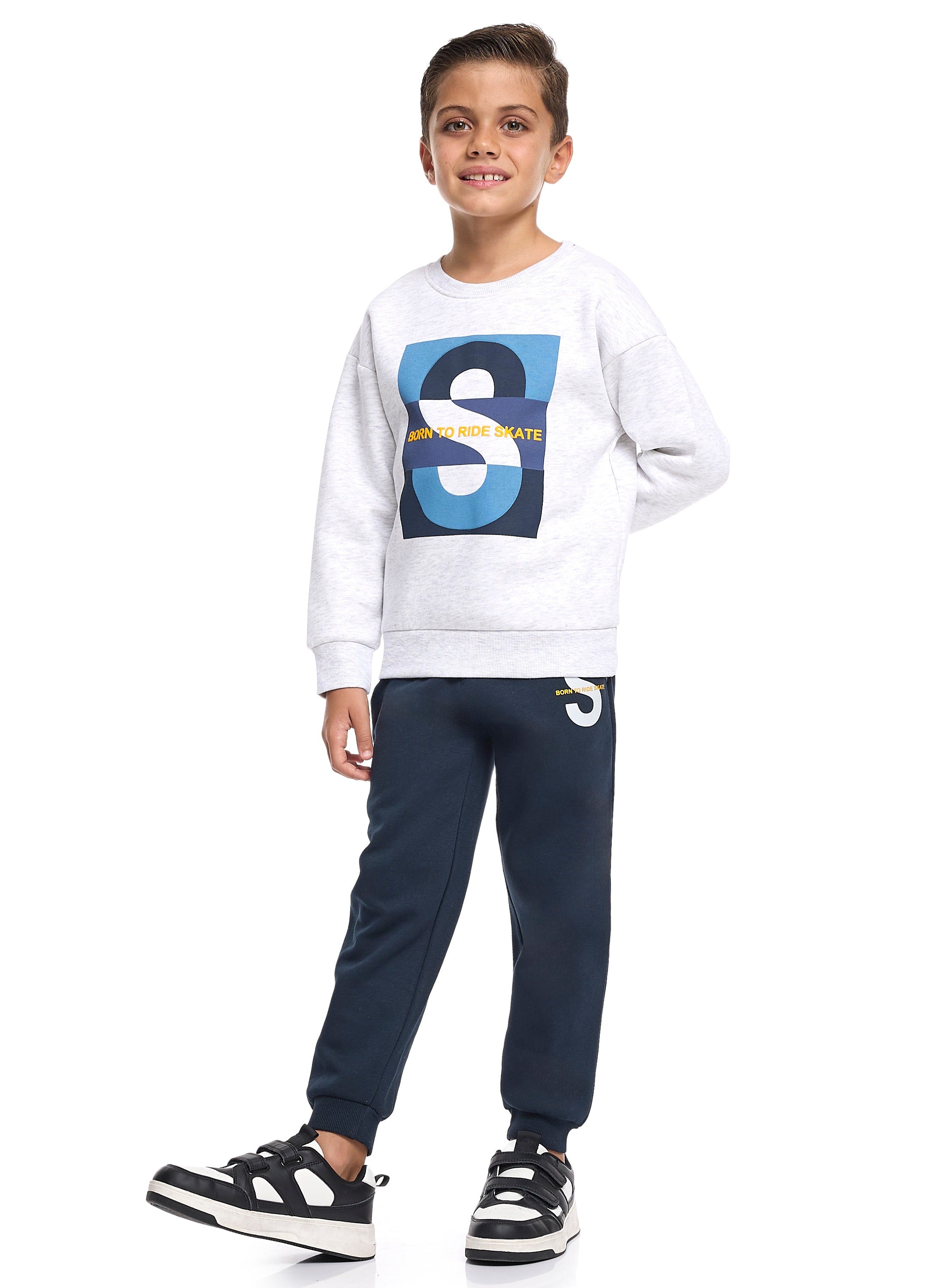 Victor And Jane Cotton Born To Ride Skate Printed Full Sleeves Sweatshirt And Joggers Set - Blue/White