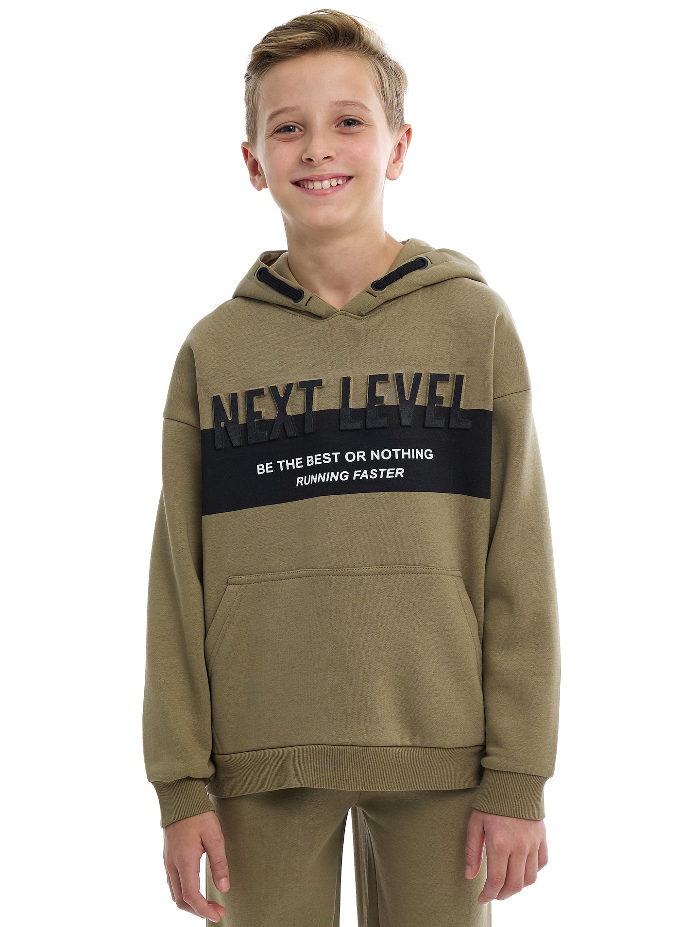 Boys Stylish Olive Green Pullover Hoodie with Kangaroo Pocket and Joggers