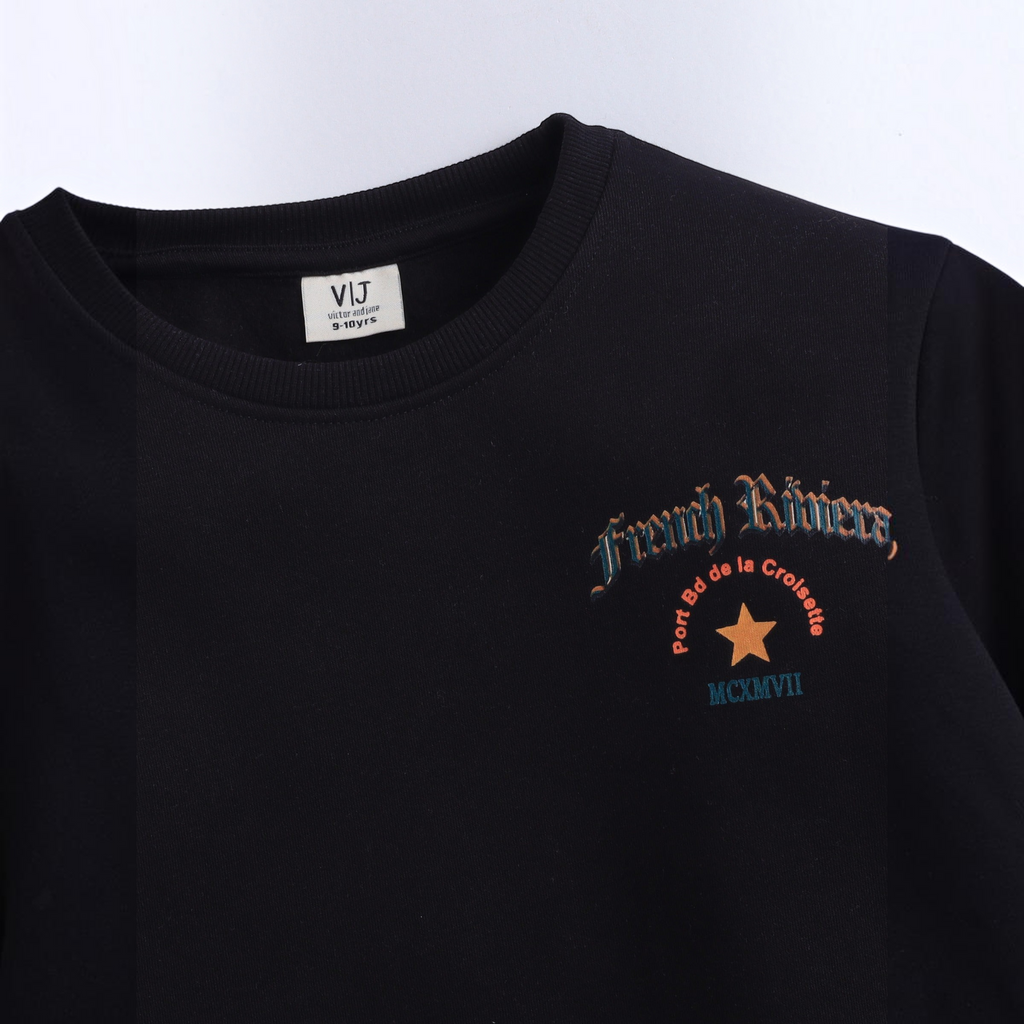 victor and jane boys black crewneck sweatshirt featuring a French Riviera graphic print with a star and text