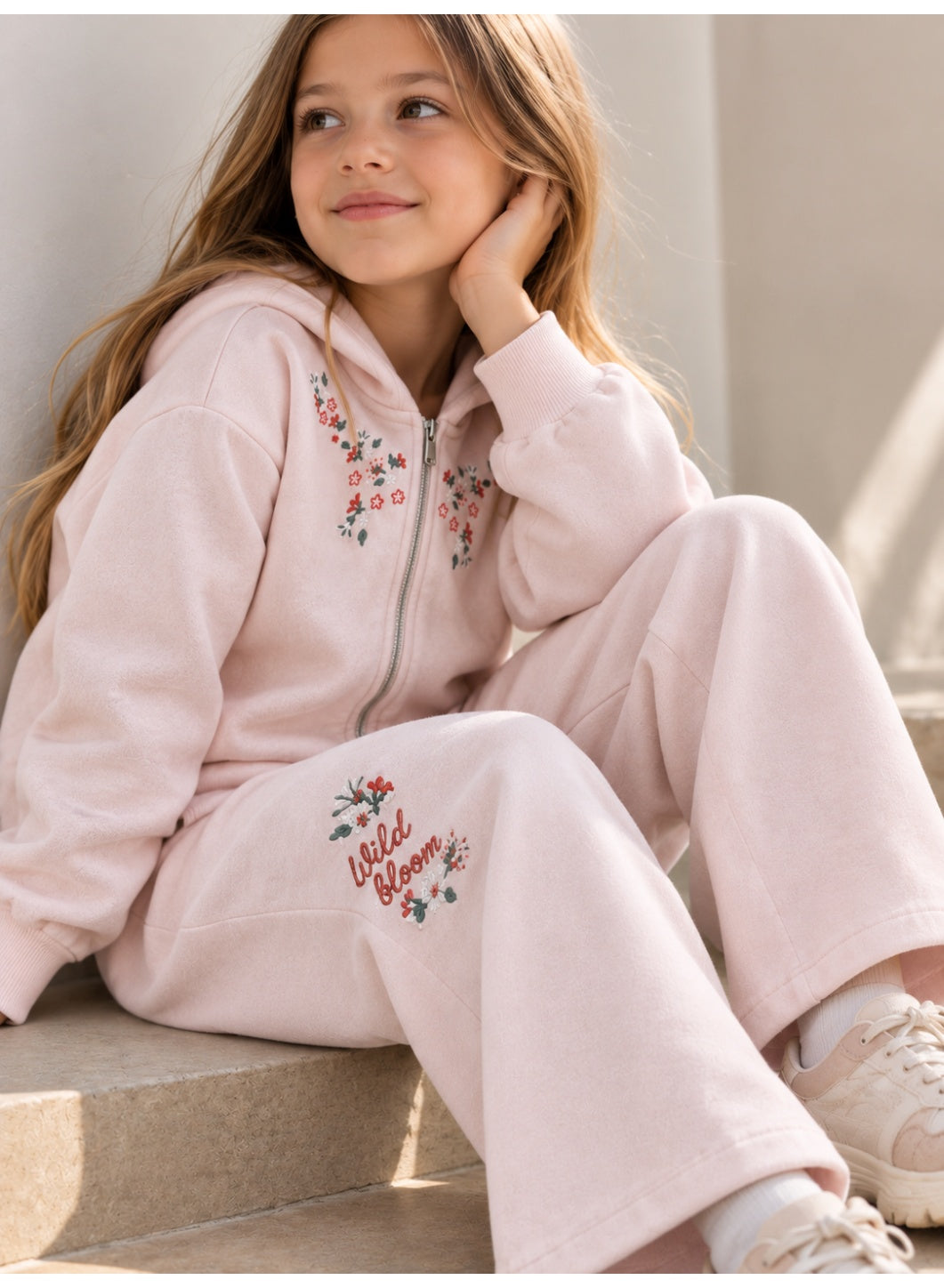 Girls Floral Detail Full Zip Sweatshirt Hoodie and Wide Leg Pants Set