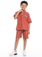 Victor And Jane Boys' Oversized Jacquard Set “ 2-Piece Outfit With Pockets, Polo T-Shirt With Half  Zipper And Shorts