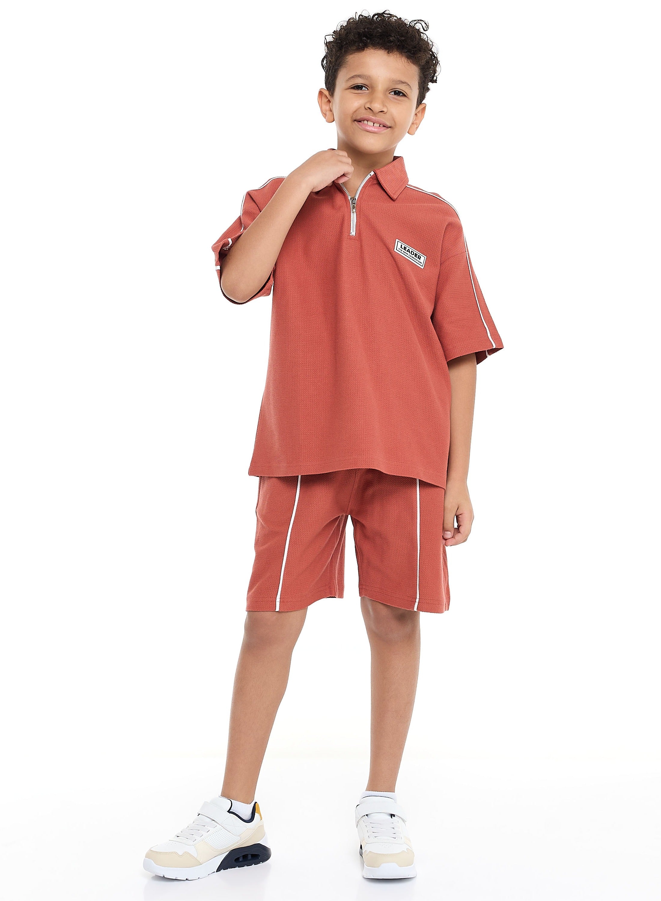Victor And Jane Boys' Oversized Jacquard Set “ 2-Piece Outfit With Pockets, Polo T-Shirt With Half  Zipper And Shorts