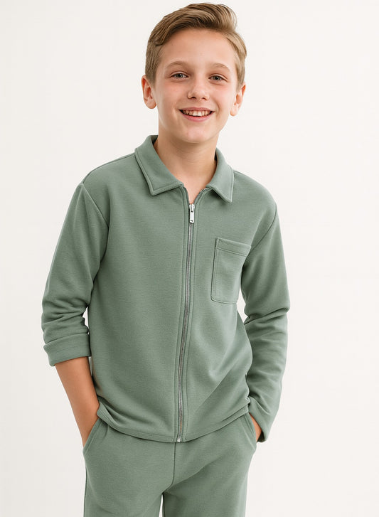 Boys Olive Green Twill Co-ord Set | Zipper Shirt & Jogger Pant | Kids Utility Style Outfit