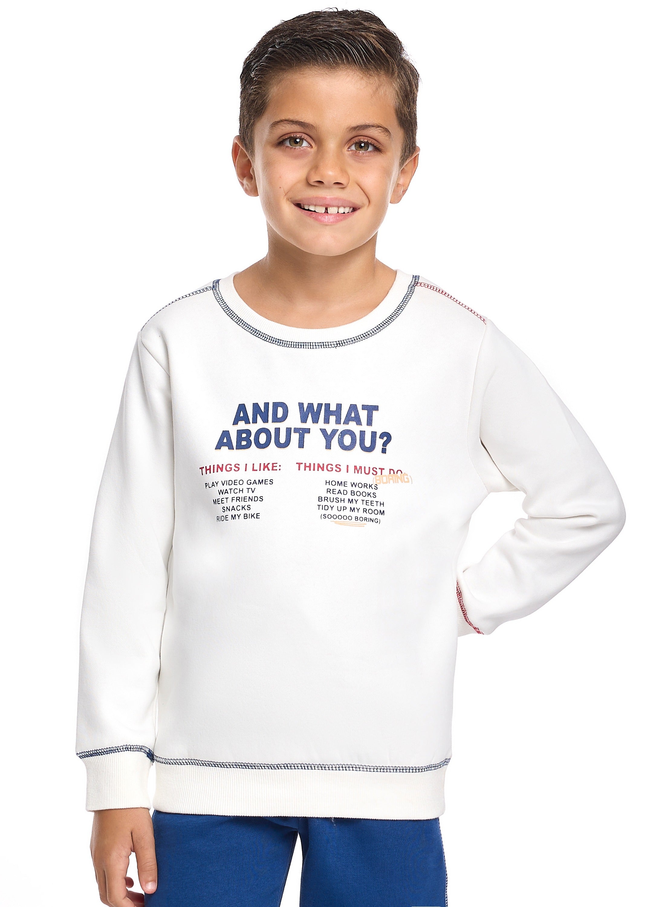 Victor And Jane Cotton You Theme Graphic Full Sleeves Sweatshirt & Joggers Set - White & Navy Blue