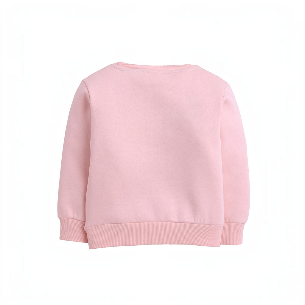 Back view of a plain light pink girls sweatshirt by victor and jane with ribbed cuffs and hem.