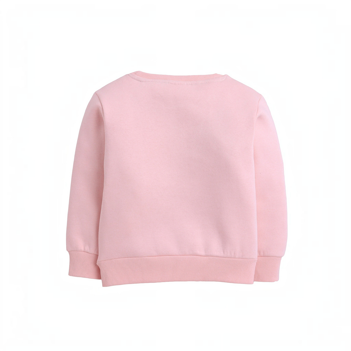 Back view of a plain light pink girls sweatshirt by victor and jane with ribbed cuffs and hem.