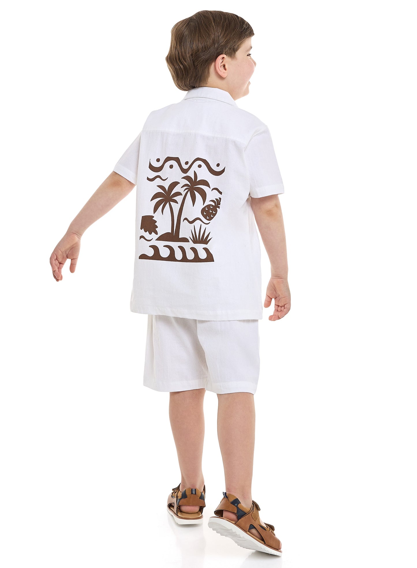 Boys' Casual Cotton Shirt & Shorts Set with Back Print – Short Sleeve Outfit - Off White
