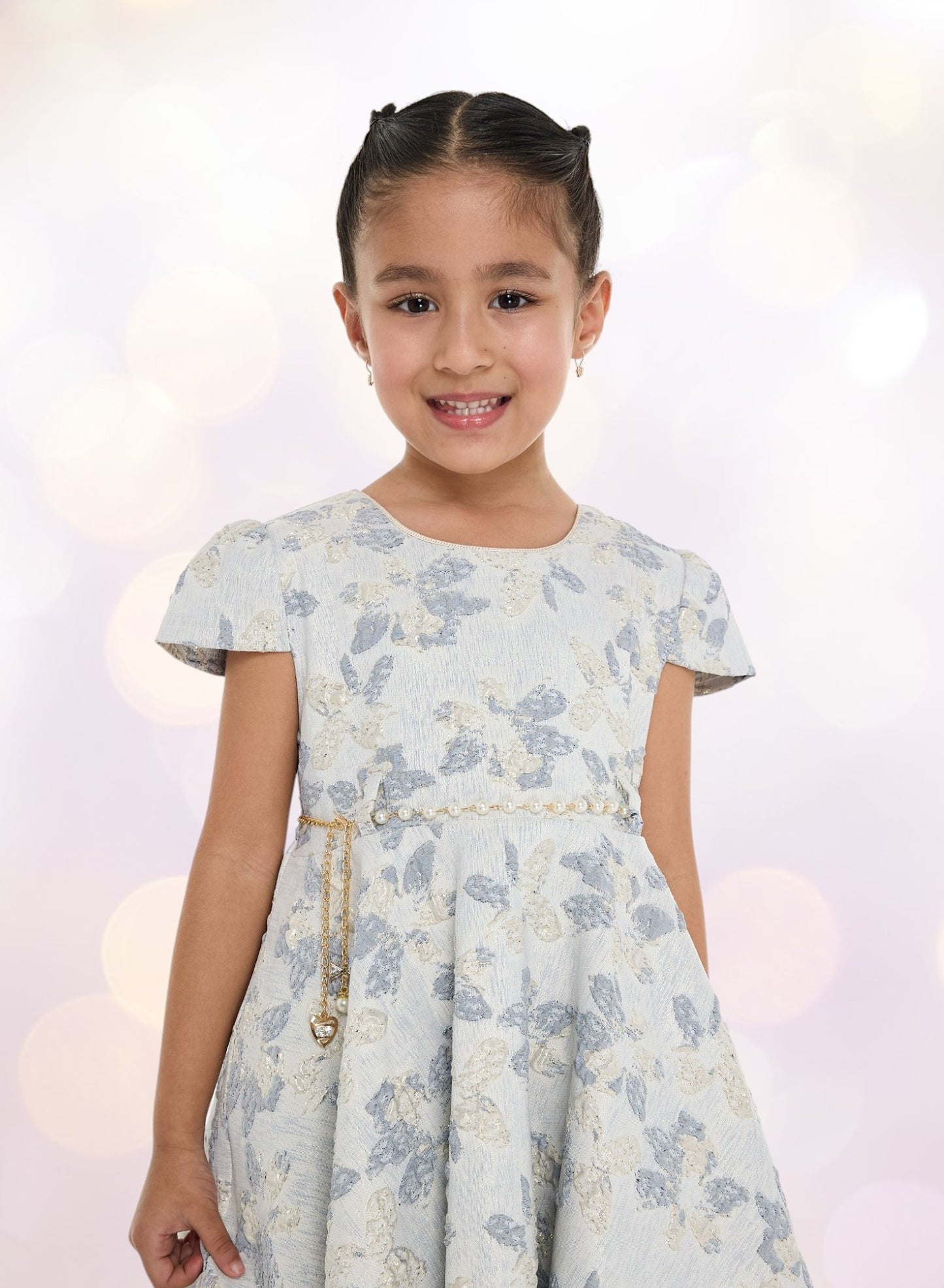 Girls Elegant Lt Blue/Gold Jacquard & Tulle Party Dress
