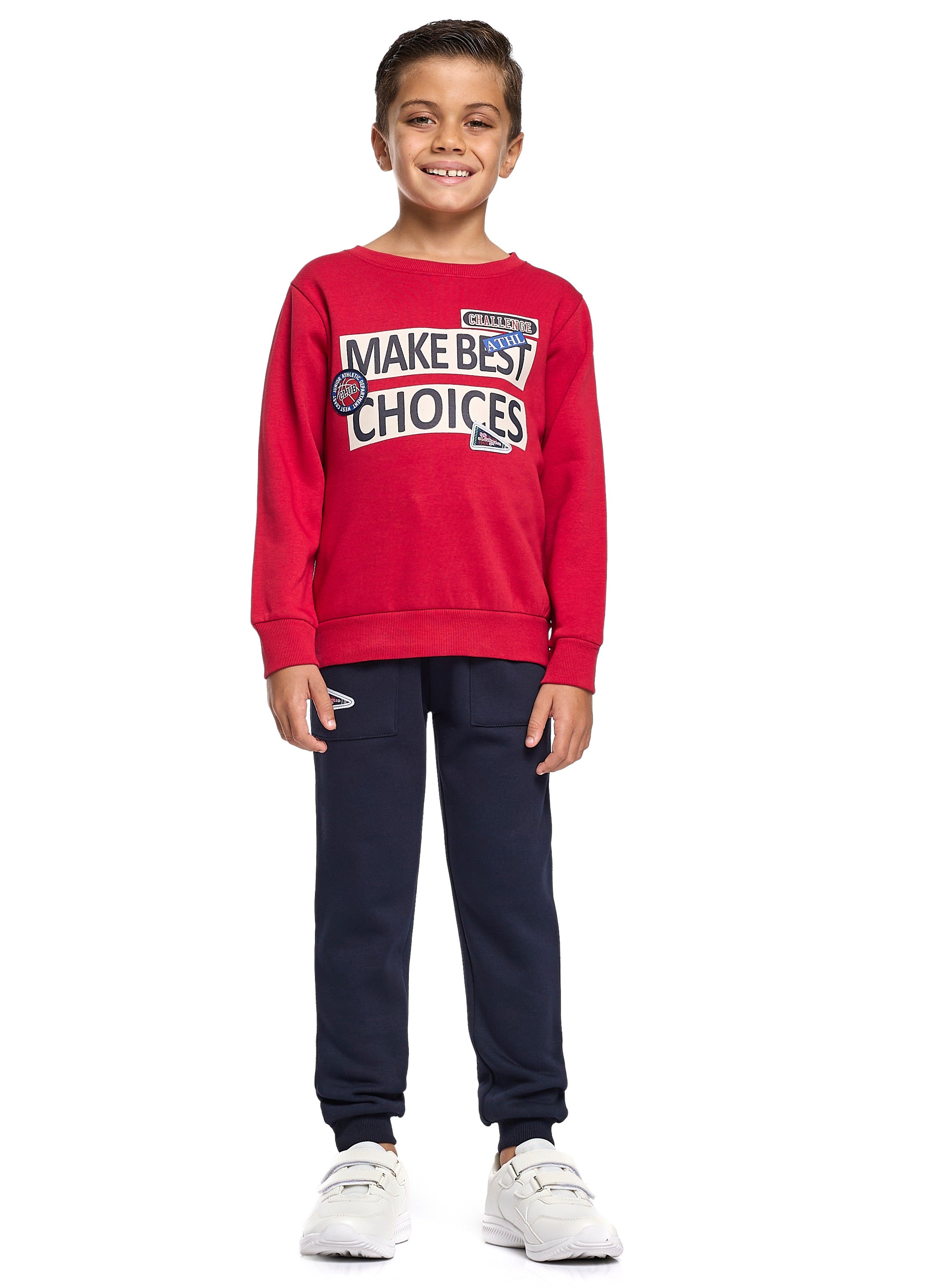 Victor And Jane Cotton Make Best Choices Graphic Full Sleeves Sweatshirt & Joggers Set - Red & Navy Blue