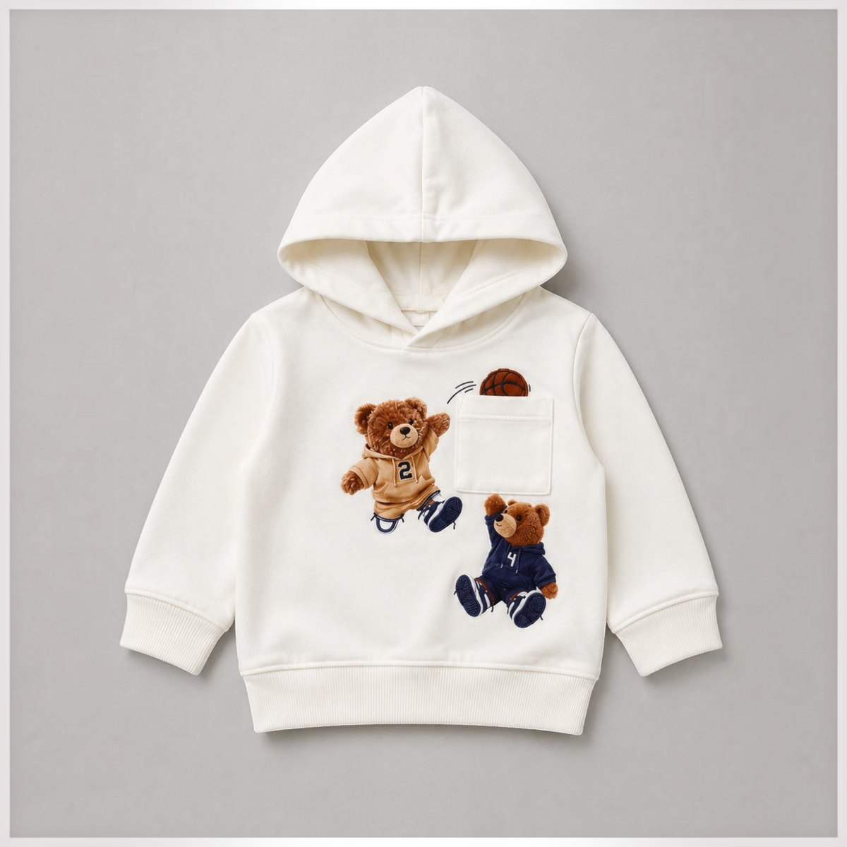 victor and jane boys off-white cotton-blend hoodie featuring cute teddy bear basketball player graphic print