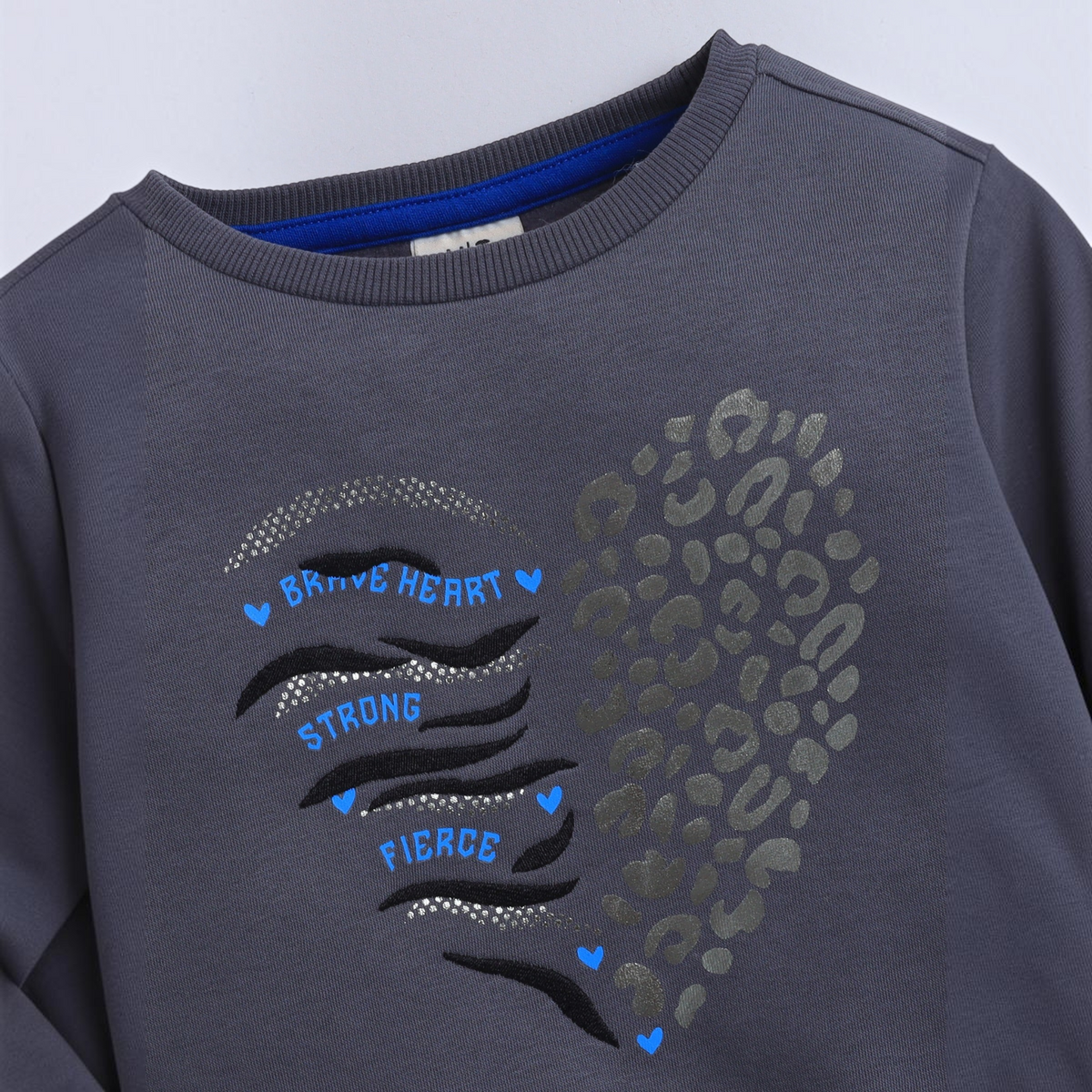 victor and jane grey cotton sweatshirt featuring a heart graphic with leopard print and Brave Heart text details