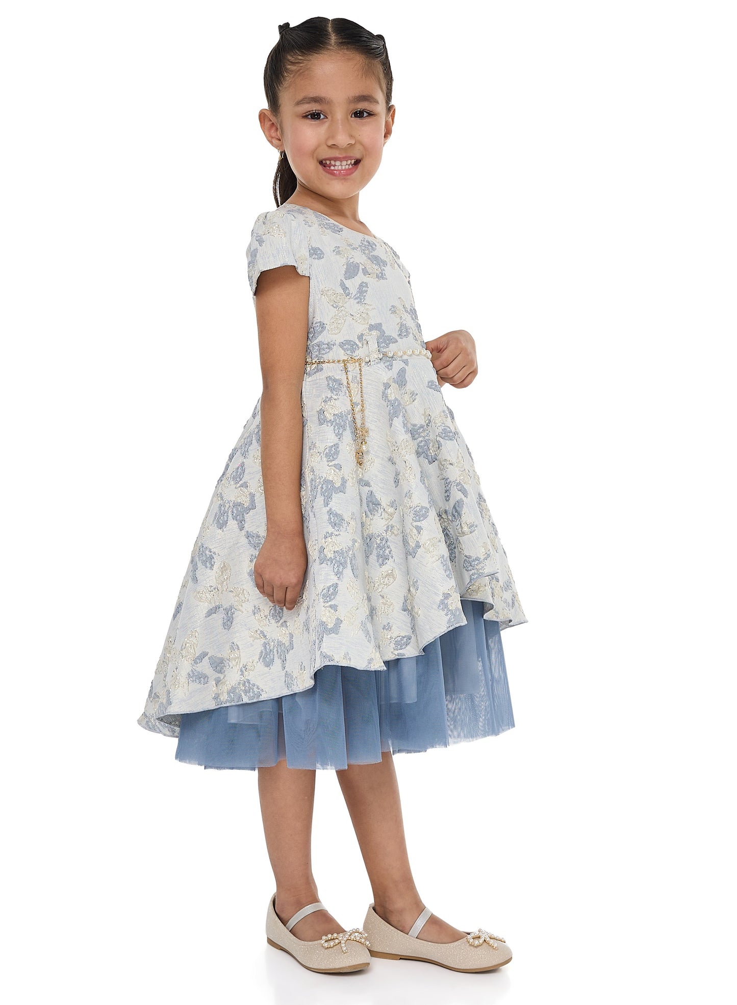 Girls Elegant Lt Blue/Gold Jacquard & Tulle Party Dress
