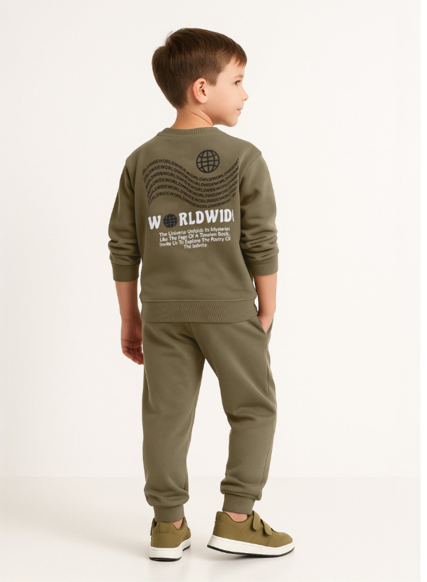 Boys Olive Green Printed Utility Fleece Tracksuit - Sweatshirt with Crossbody Bag Print