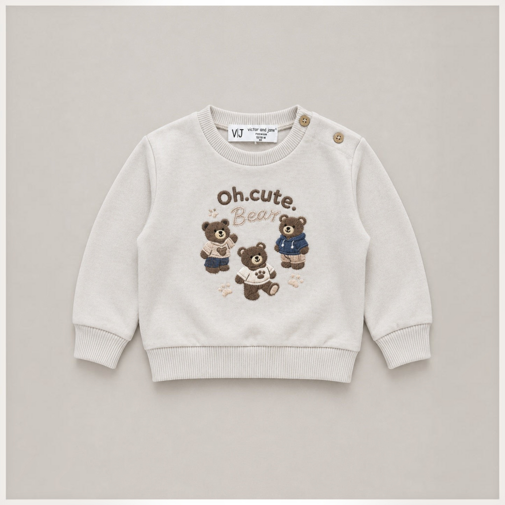 victor and jane beige sweatshirt for boys featuring embroidered bears and shoulder button detail