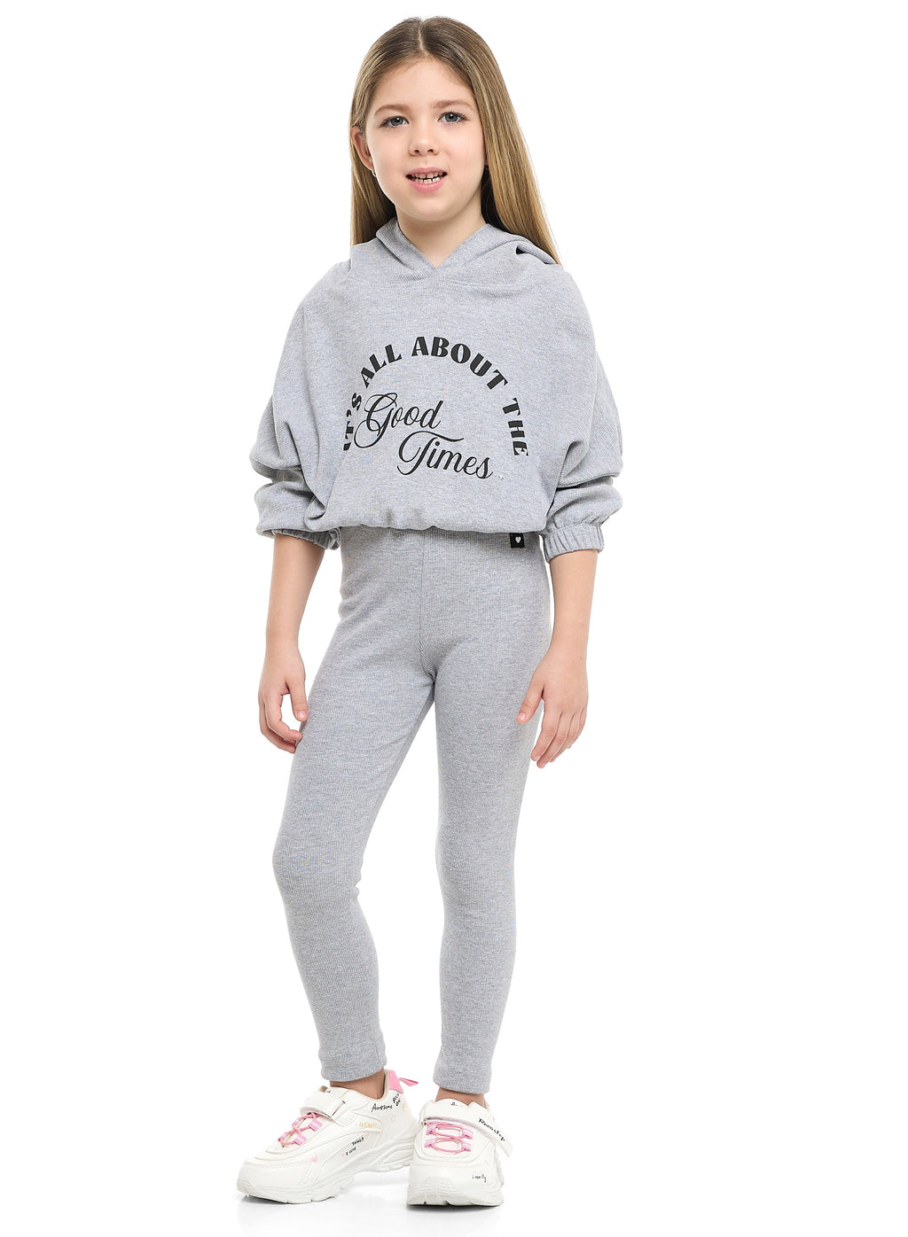 Girls Good Vibes Fleece Tracksuit “ Light Grey 2-Piece Set