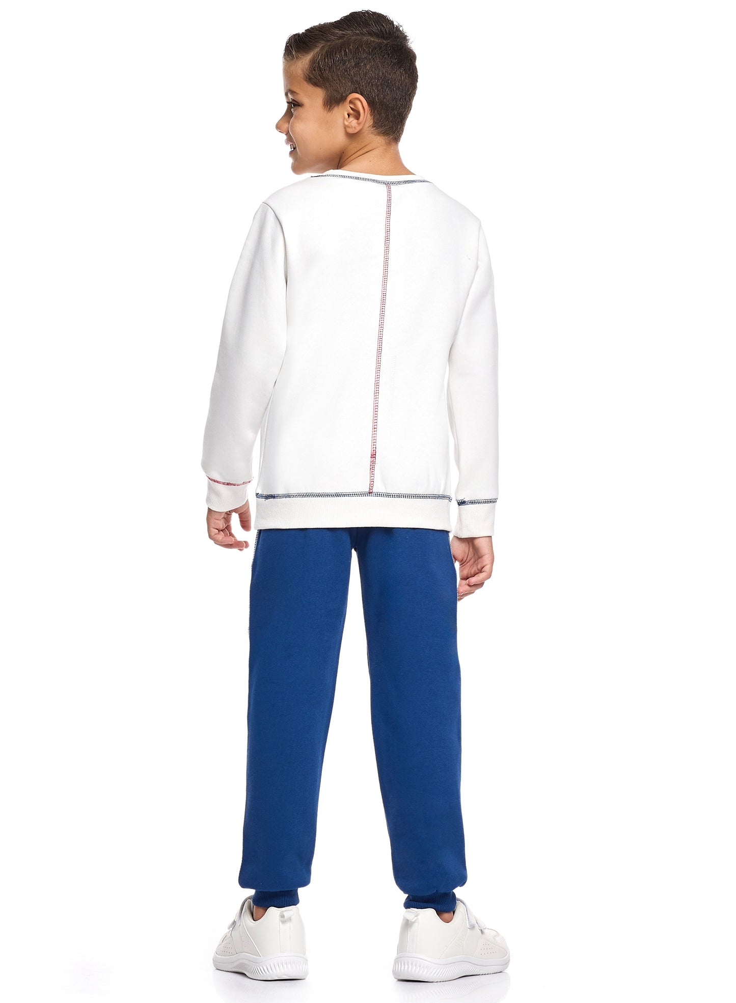 Boys Warm Cotton Fleece Set - White Long Sleeve Top & Navy Joggers
