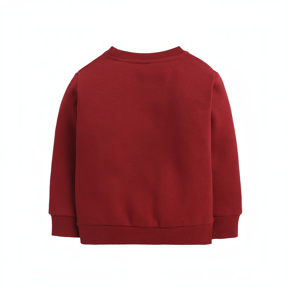 Back view of a plain deep red girls sweatshirt by victor and jane with ribbed cuffs and hem