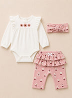 Baby Girls Long Sleeve Bodysuit and Ruffle Pants Set with Headband (3-Piece)