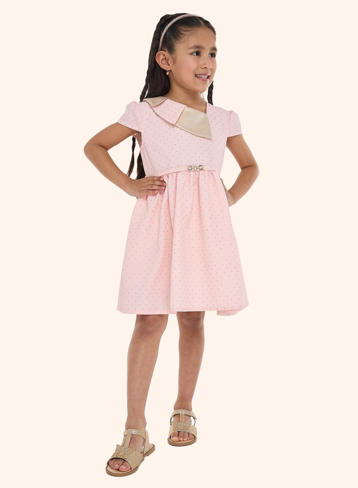 Chic Pink/Gold Lapel Jacquard Dress