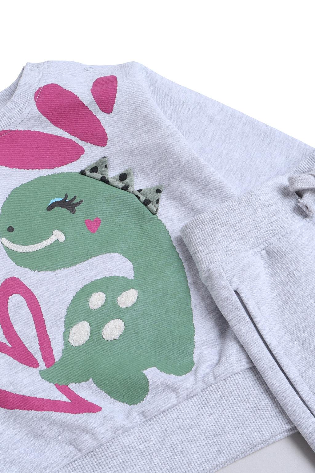 Baby Girl Dino & Heart Fleece Tracksuit “ Oatmeal 2-Piece Set