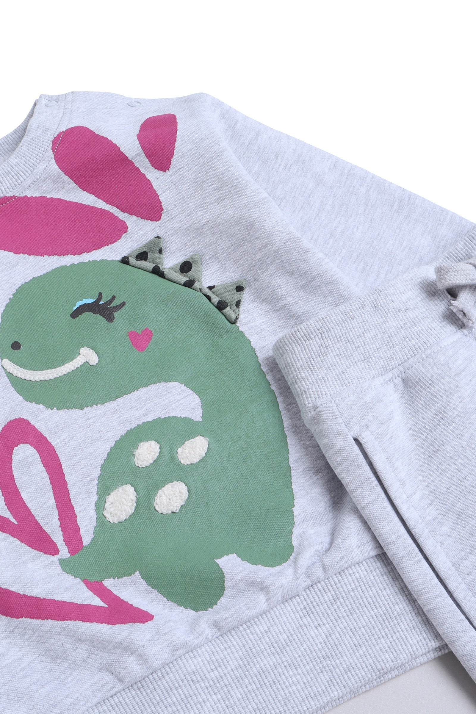 Baby Girl Dino & Heart Fleece Tracksuit “ Oatmeal 2-Piece Set