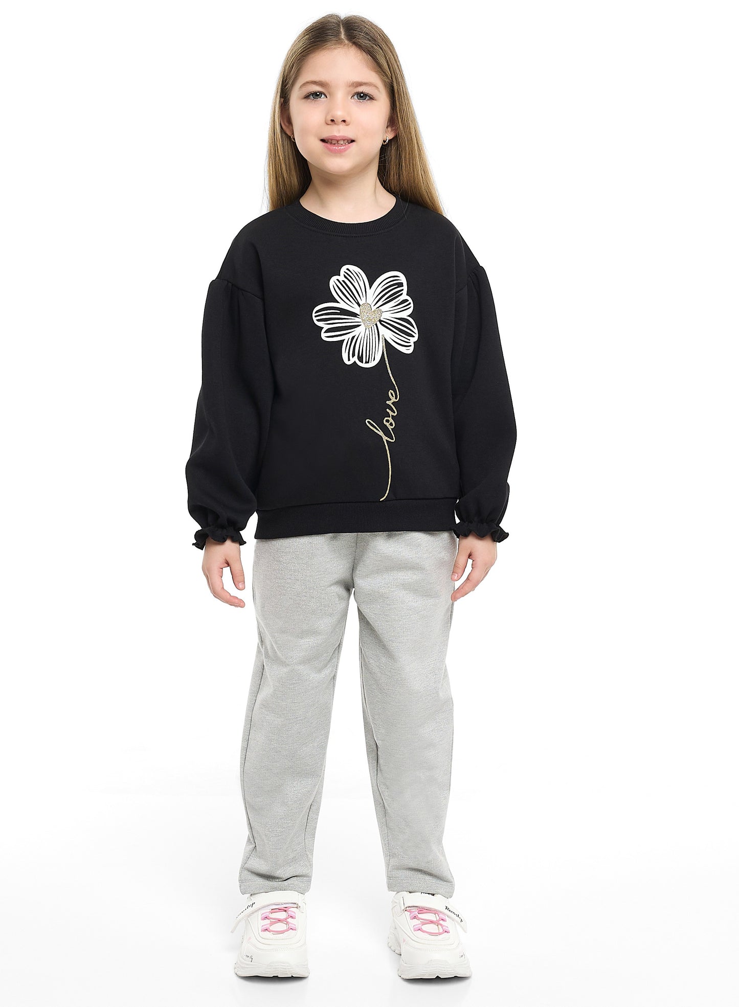 Girls Love Flower Fleece Tracksuit – Black & Grey 2-Piece Set