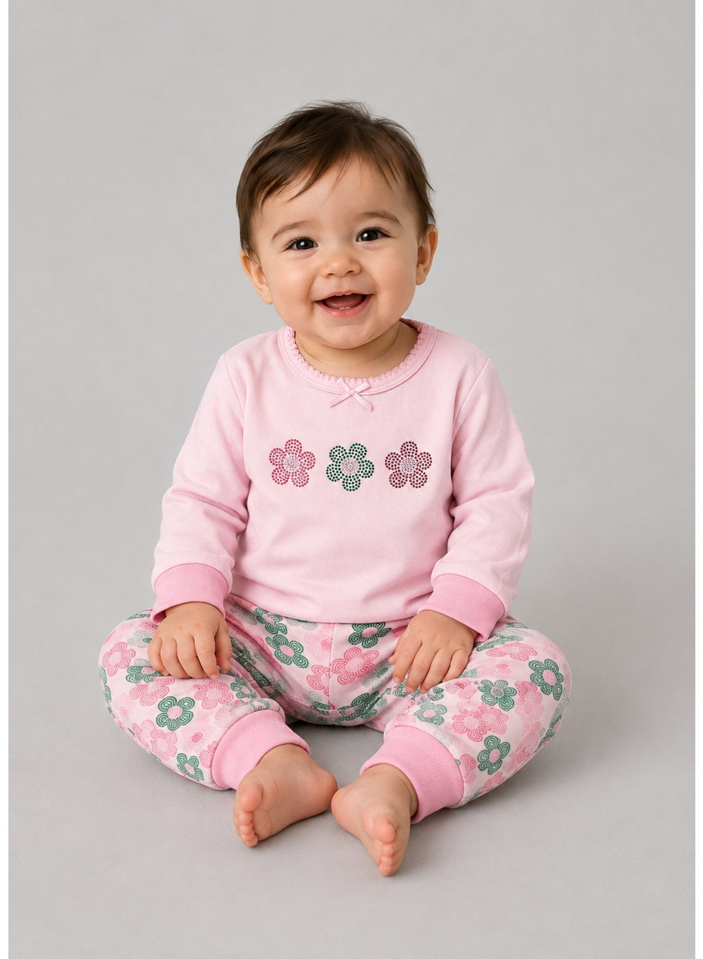 Baby Girls Floral sweatshirt & Jogger Set with 3-Piece Hair Clips