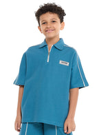 Victor And Jane Boys' Jacquard Set “ Teal 2-Piece Outfit With Pockets, Polo T-Shirt With Half  Zipper And Shorts