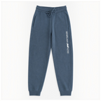 victor and jane boys blue fleece jogger pants with drawstring waist and white graphic print on the left leg