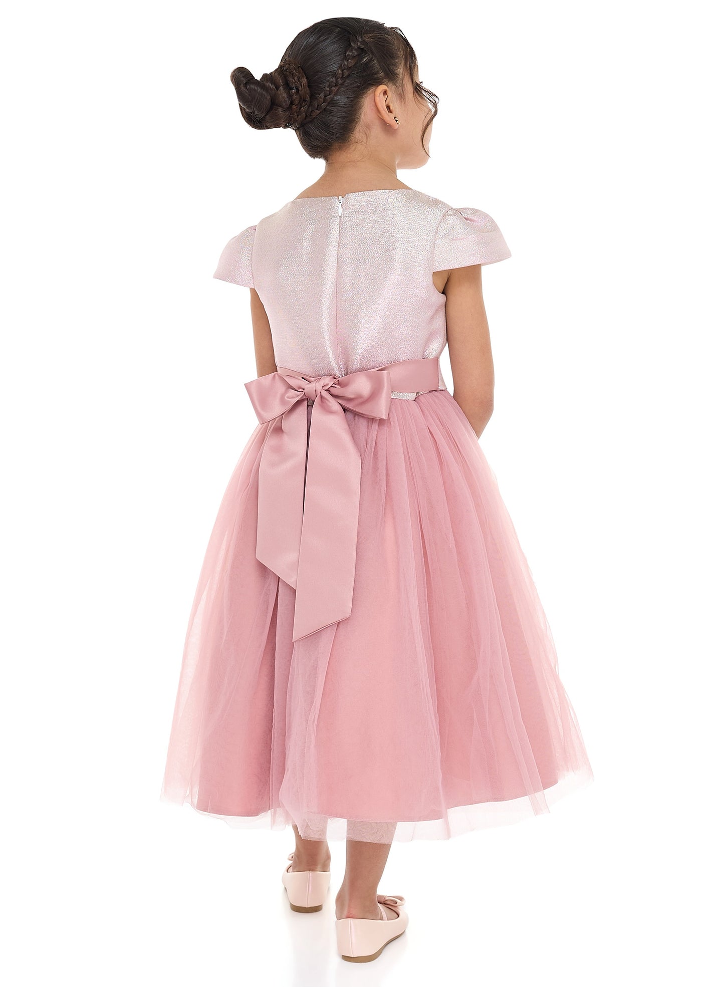 Girls Old Rose Jacquard & Tulle Dress With Flower Decoration