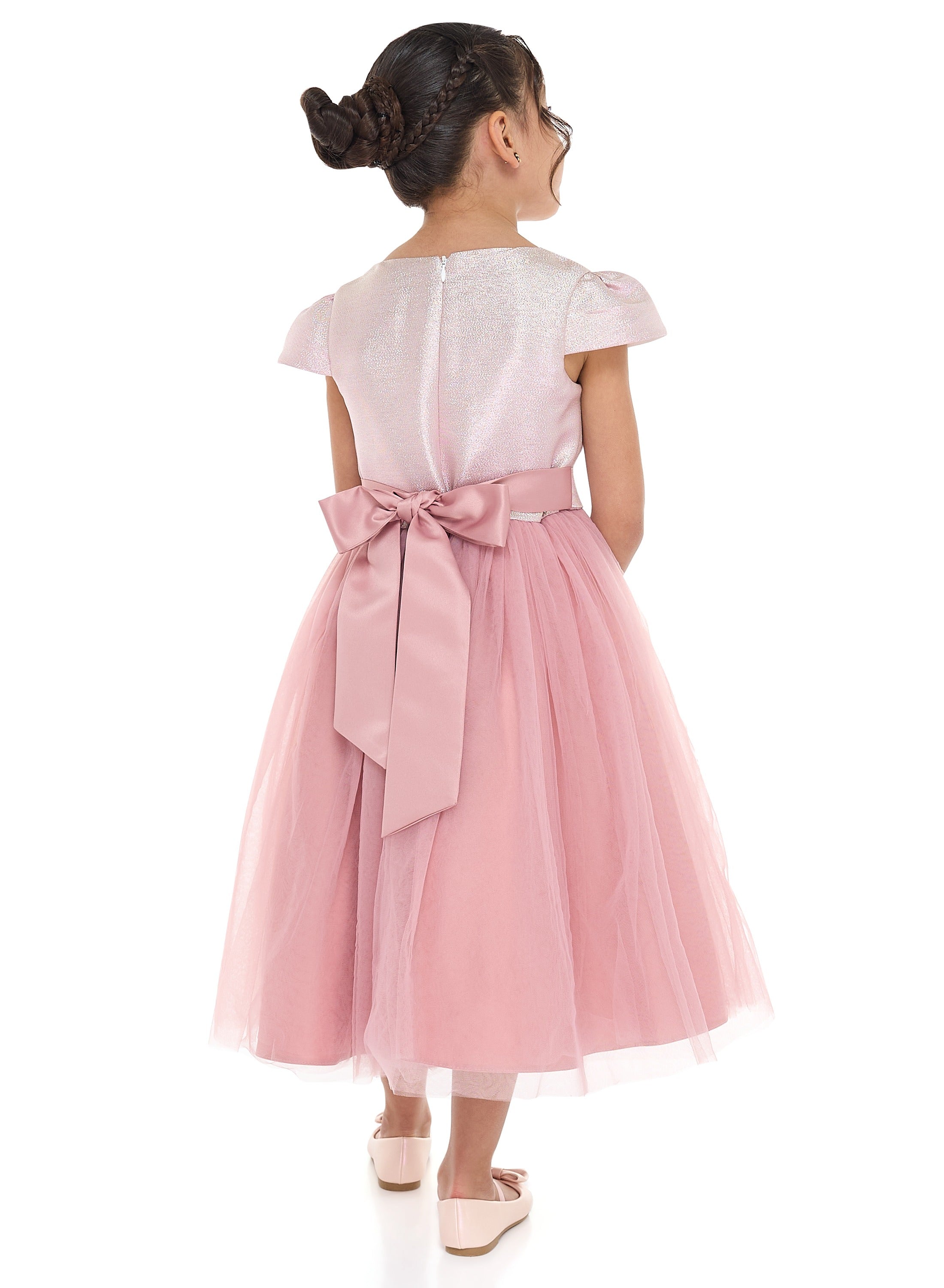 Girls Old Rose Jacquard & Tulle Dress With Flower Decoration