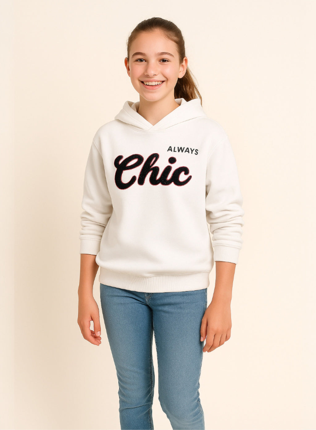 Œalways Chic” Hoodie For Girls “ Off-White | 100% Cotton Fleece |