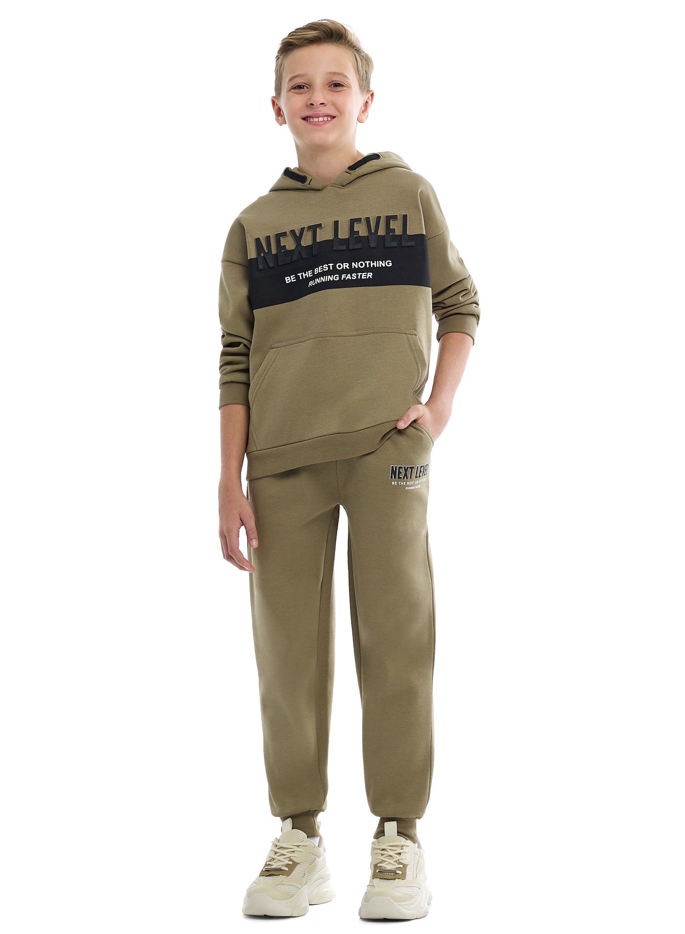 Boys Stylish Olive Green Pullover Hoodie With Kangaroo Pocket And Joggers