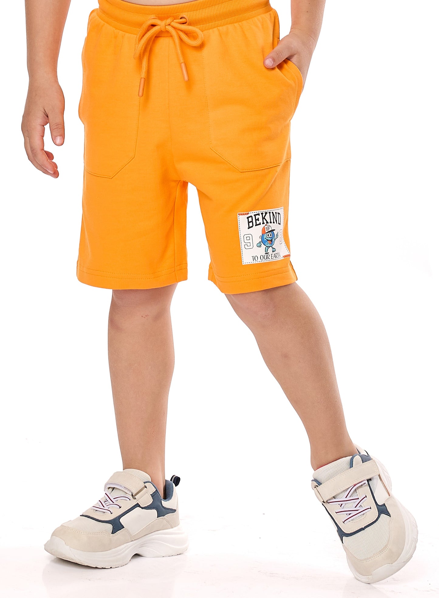 Victor and Jane Cotton Round Neck T-Shirt & Shorts Set with label deatail - Blue And Orange